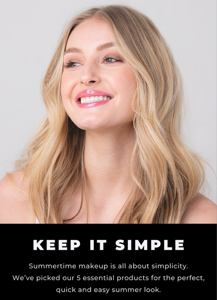 Beautiful blonde girl smiling text Keep it Simple for Summer